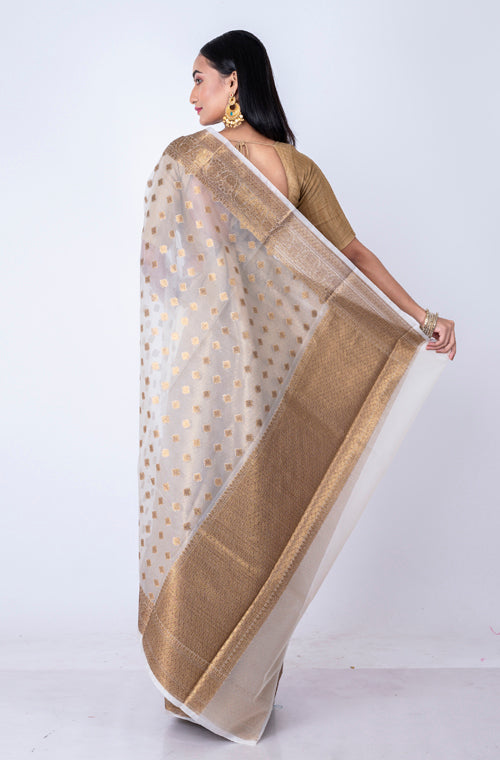 Morchari Baranasi All Over Zari Work Saree - White | Grocsy