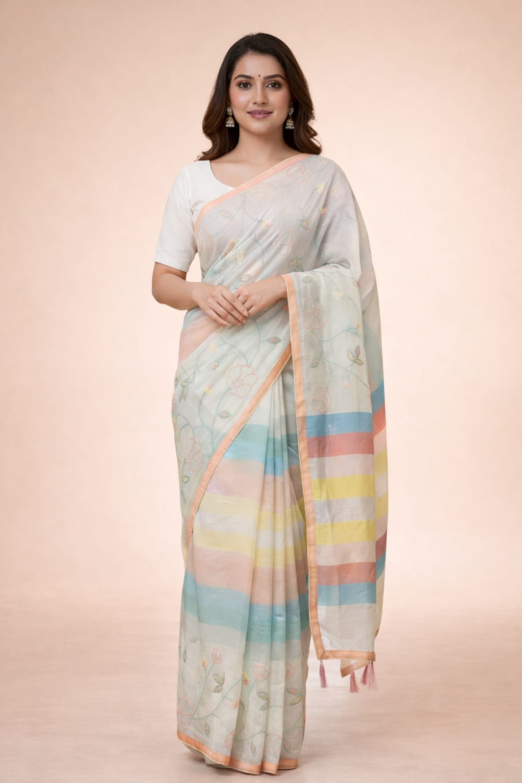 Morchari Mal Chanderi All Over kantha Work With Unstitched Blouse | Grocsy