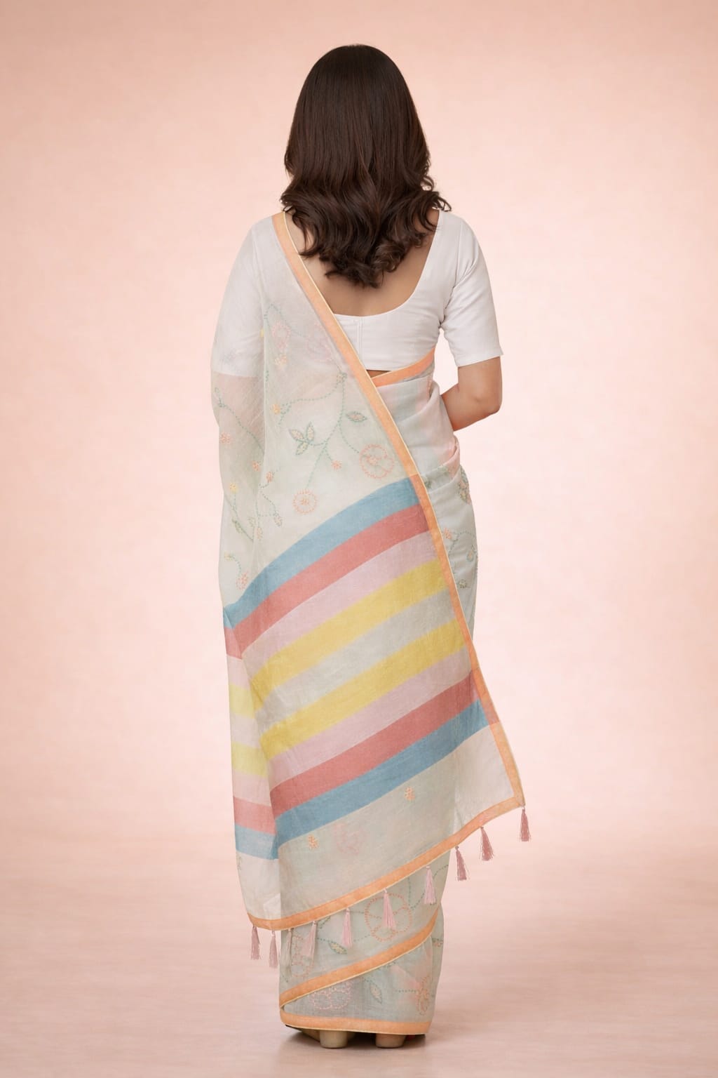 Morchari Mal Chanderi All Over kantha Work With Unstitched Blouse | Grocsy