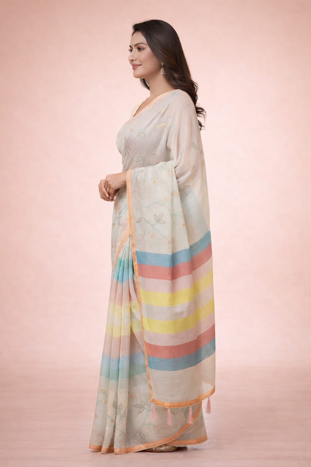 Morchari Mal Chanderi All Over kantha Work With Unstitched Blouse | Grocsy