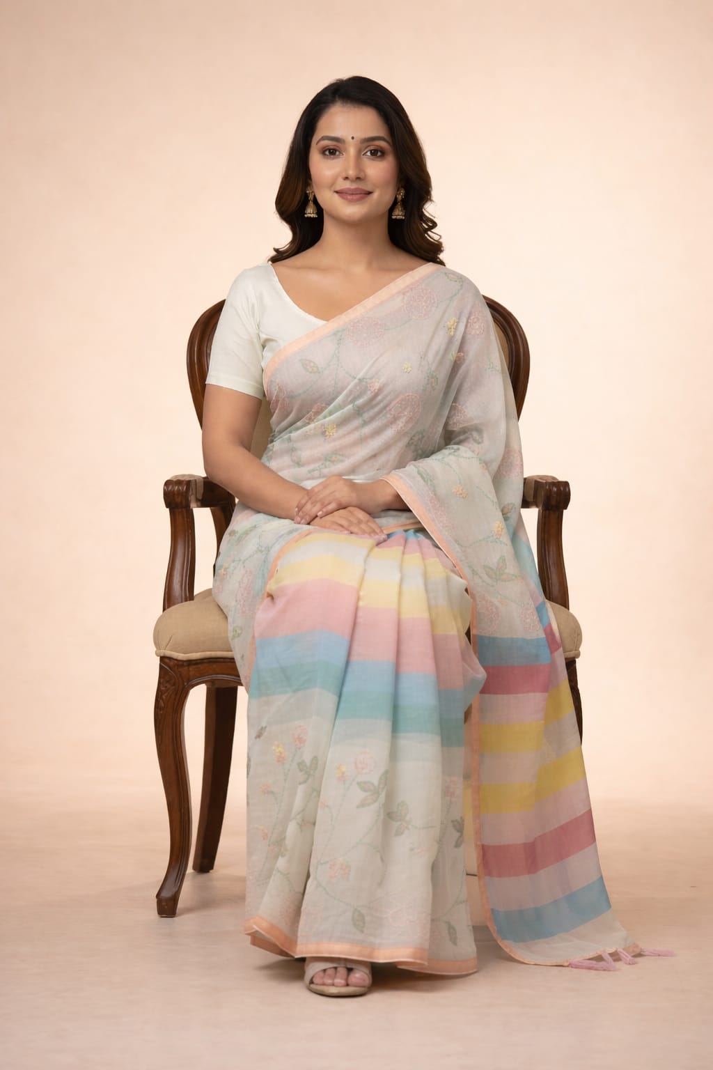 Morchari Mal Chanderi All Over kantha Work With Unstitched Blouse | Grocsy
