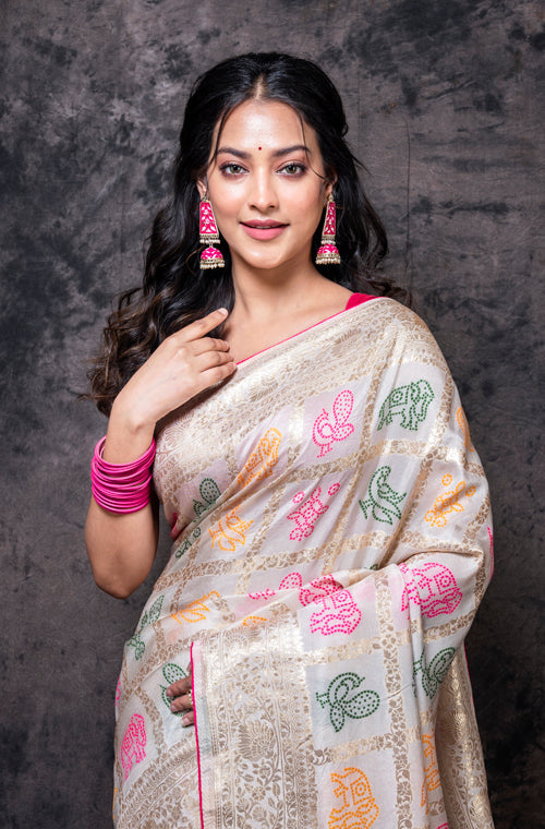 Morchari Pure Dola Silk Saree - Cream | Grocsy
