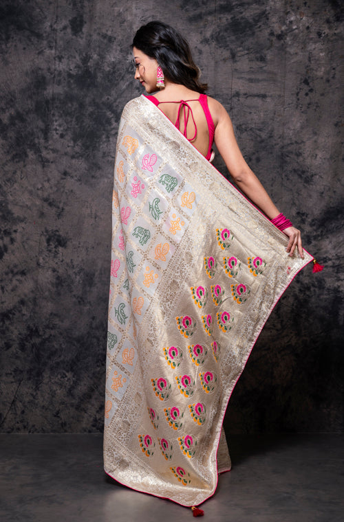 Morchari Pure Dola Silk Saree - Cream | Grocsy
