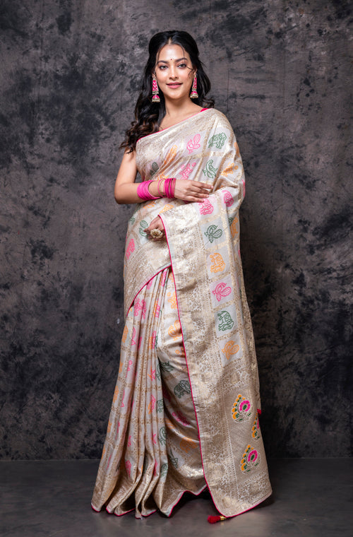 Morchari Pure Dola Silk Saree - Cream | Grocsy