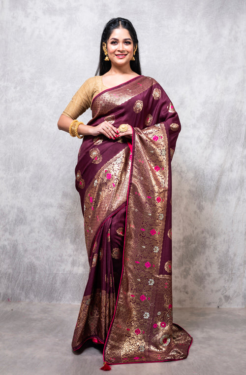 Morchari Pure Dola Silk Saree - Brown | Grocsy