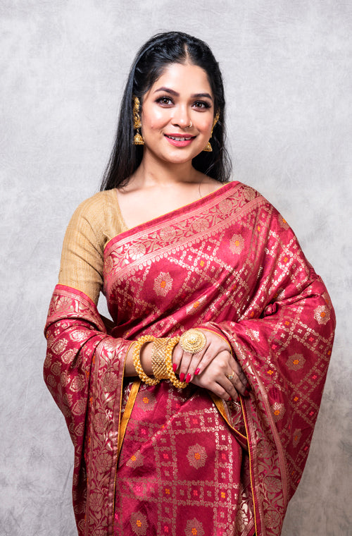 Morchari Pure Dola Silk Saree - Maroon | Grocsy