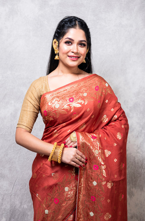 Morchari Pure Dola Silk Saree - Dark Mustard | Grocsy
