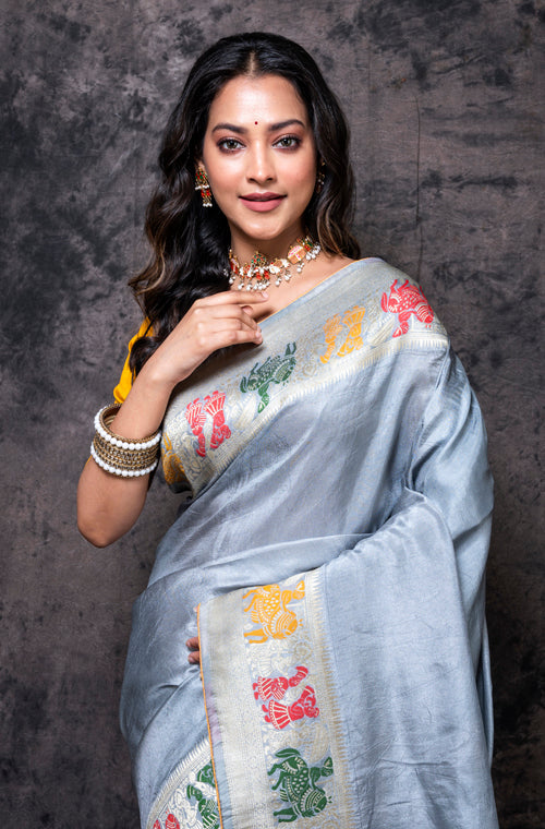 Morchari Pure Dola Silk Saree - Grey | Grocsy