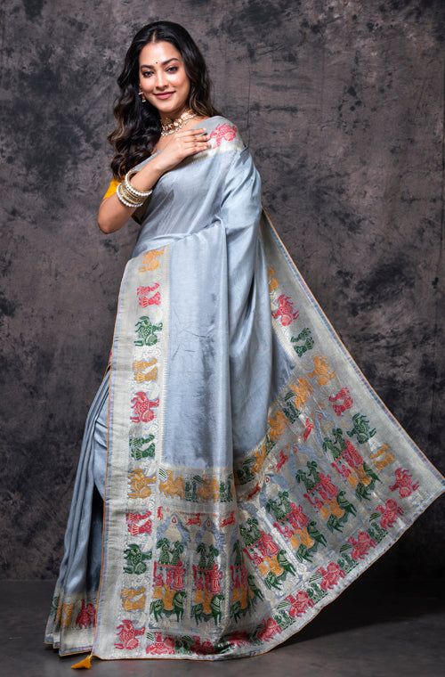 Morchari Pure Dola Silk Saree - Grey | Grocsy