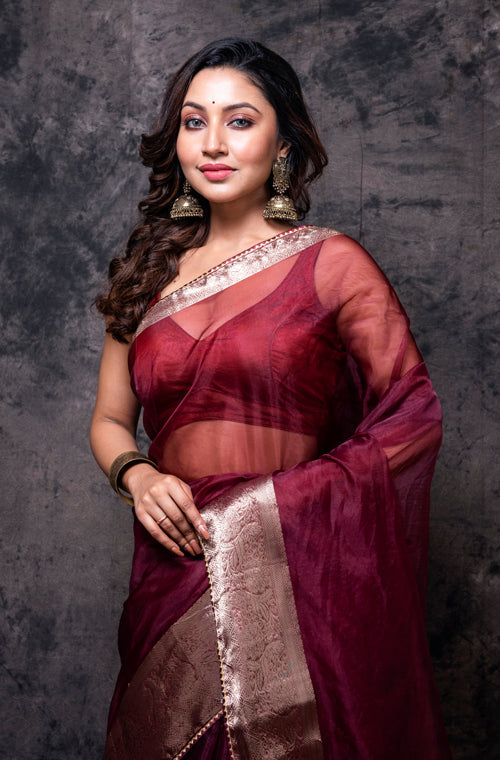 Morchari Organza Saree - Brown | Grocsy
