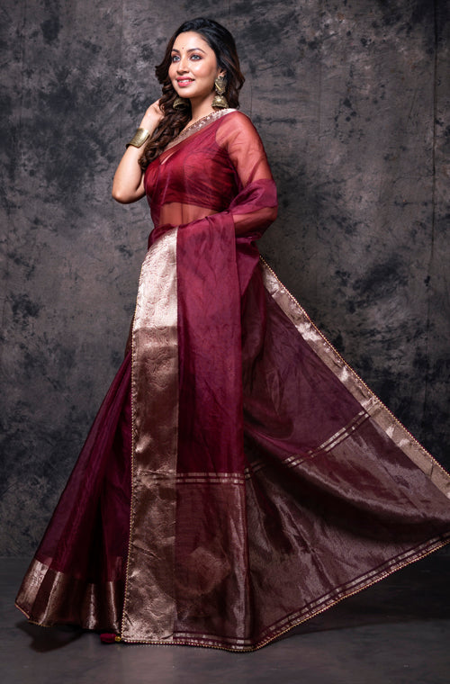 Morchari Organza Saree - Brown | Grocsy