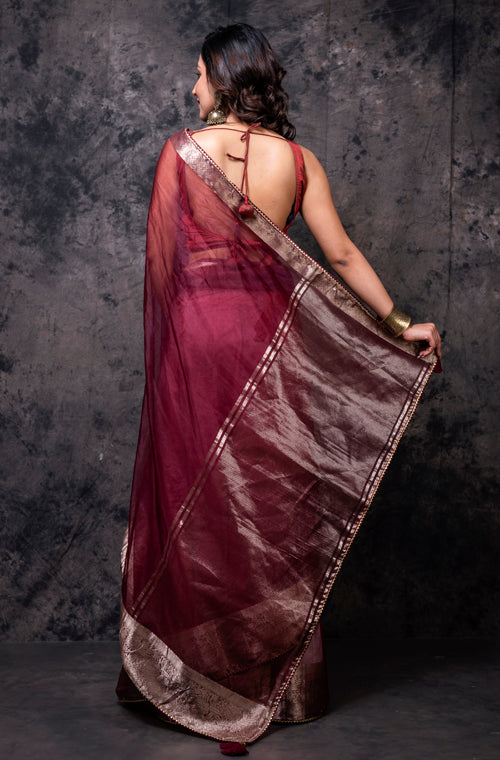 Morchari Organza Saree - Brown | Grocsy