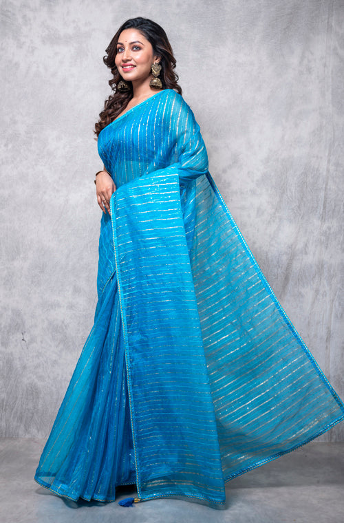 Morchari Organza Saree With Plain Blouse - Light Blue | Grocsy