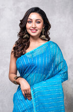 Morchari Organza Saree With Plain Blouse - Light Blue | Grocsy