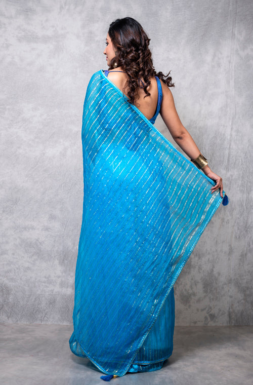 Morchari Organza Saree With Plain Blouse - Light Blue | Grocsy