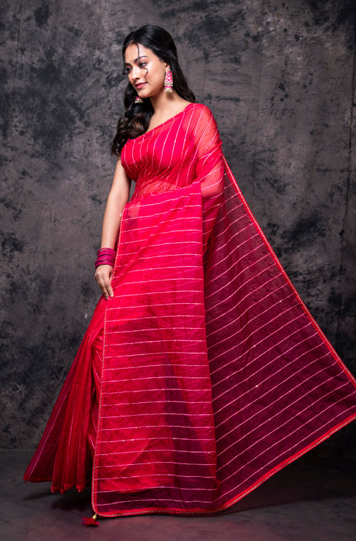 Morchari Organza Saree With Plain Blouse - Red | Grocsy
