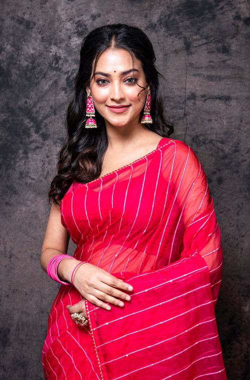 Morchari Organza Saree With Plain Blouse - Gajari | Grocsy
