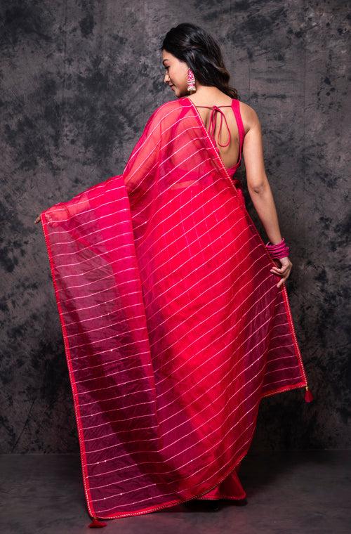 Morchari Organza Saree With Plain Blouse - Gajari | Grocsy