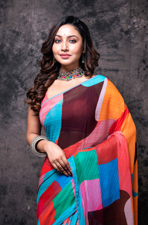 Morchari Georgette Saree With Digital Print - Multicolor | Grocsy