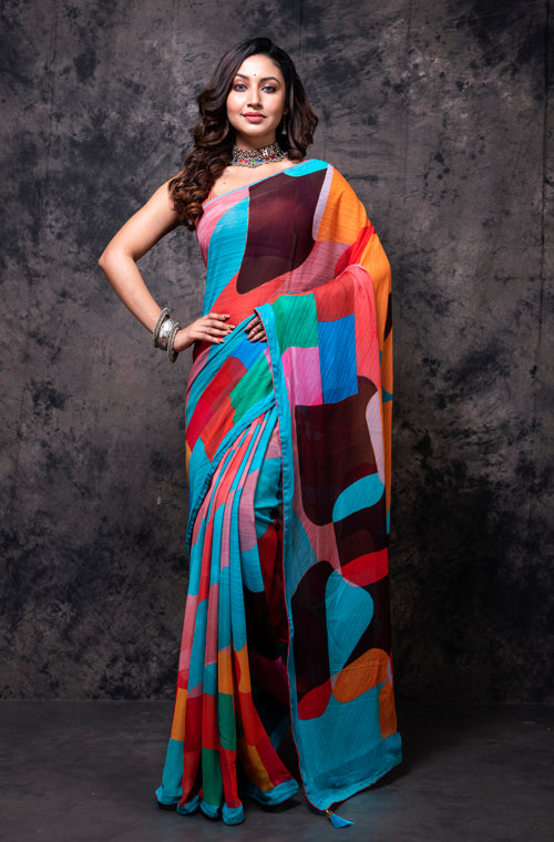 Morchari Georgette Saree With Digital Print - Multicolor | Grocsy