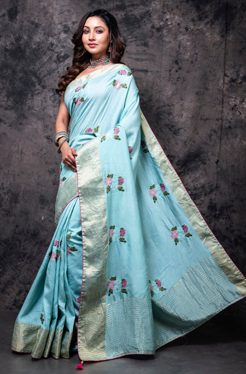 Morchari Fancy Embroidery Saree - Light Blue | Grocsy