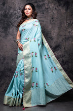 Morchari Fancy Embroidery Saree - Light Blue | Grocsy