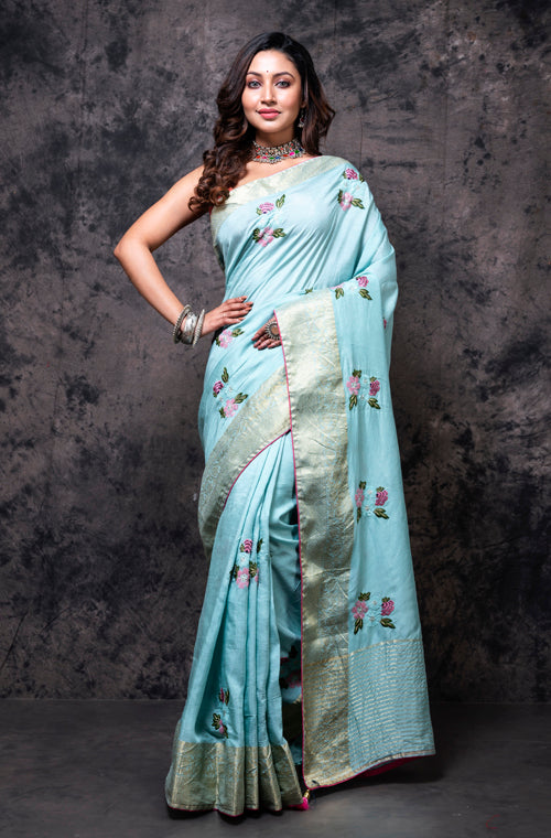 Morchari Fancy Embroidery Saree - Light Blue | Grocsy