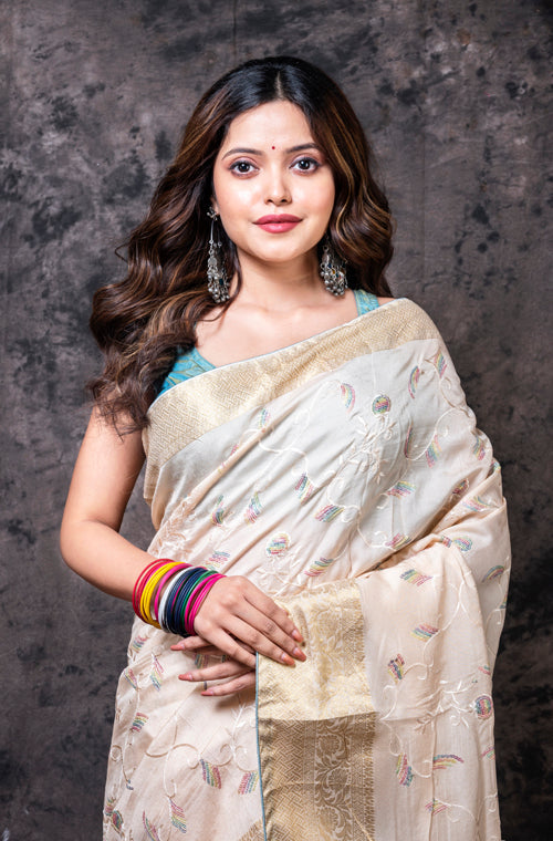 Morchari Fancy Embroidery Saree - Cream | Grocsy