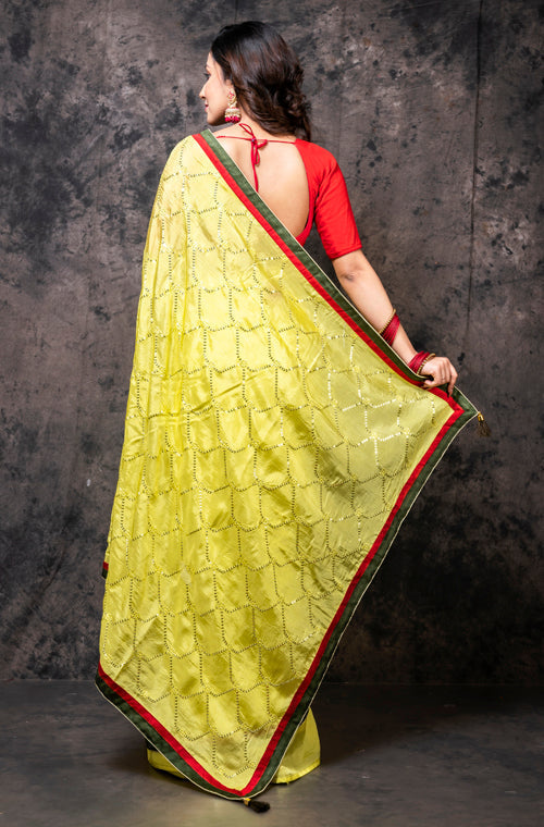 Morchari Fancy Embroidery Saree - Yellow | Grocsy