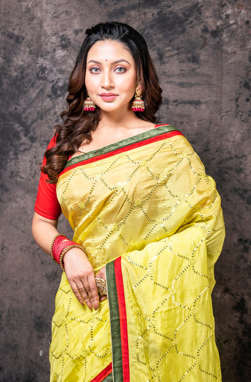 Morchari Fancy Embroidery Saree - Yellow | Grocsy