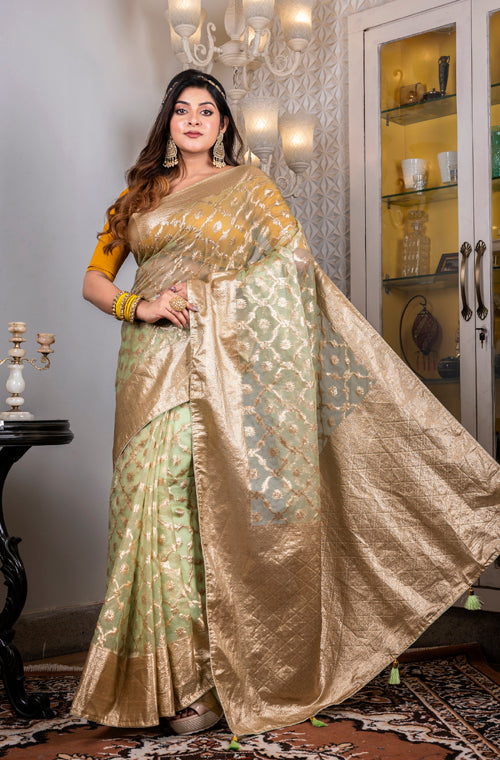 Morchari Organza Heavy Zari Saree - Green | Grocsy