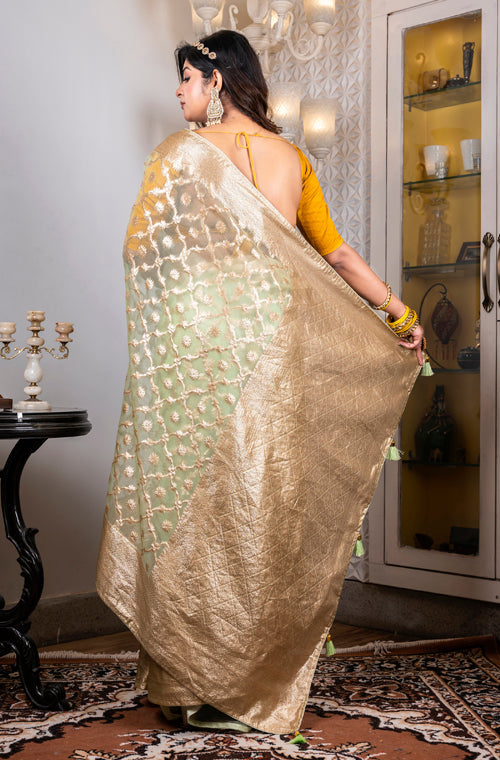 Morchari Organza Heavy Zari Saree - Green | Grocsy