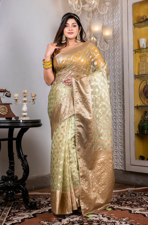 Morchari Organza Heavy Zari Saree - Green | Grocsy