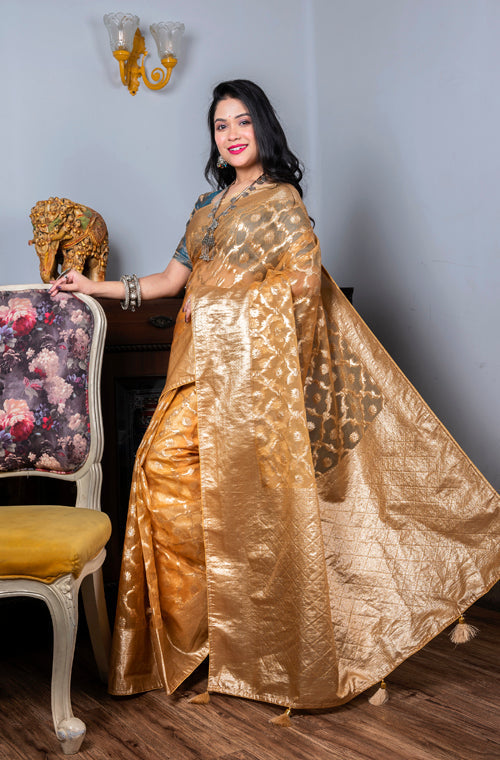 Morchari Organza Heavy Zari Saree - Yellow | Grocsy