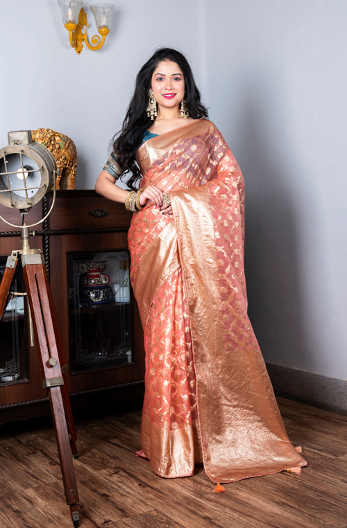 Morchari Organza Heavy Zari Saree - Pink | Grocsy