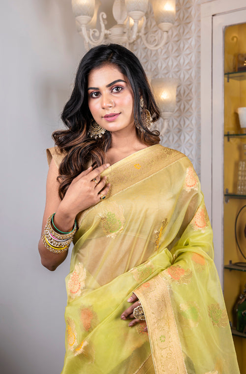 Morchari Organza Heavy Zari Saree - Green | Grocsy