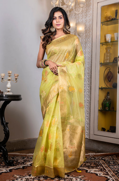 Morchari Organza Heavy Zari Saree - Green | Grocsy