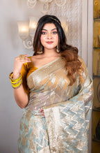 Morchari Organza Heavy Zari Saree - Light Blue | Grocsy