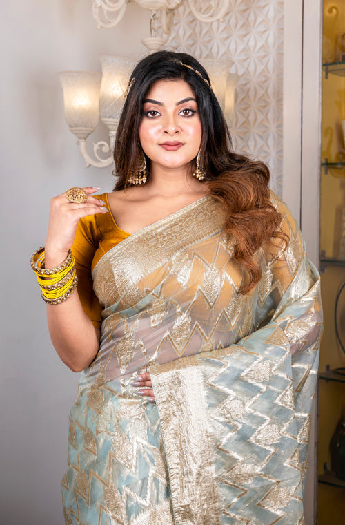 Morchari Organza Heavy Zari Saree - Light Blue | Grocsy