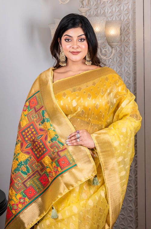 Morchari Organza Heavy Zari Saree - Yellow | Grocsy