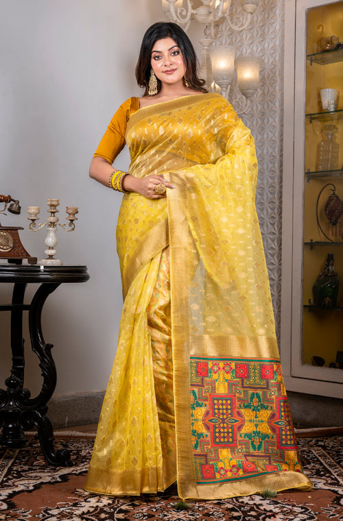 Morchari Organza Heavy Zari Saree - Yellow | Grocsy