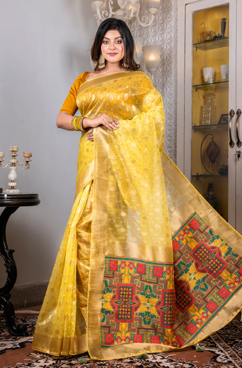 Morchari Organza Heavy Zari Saree - Yellow | Grocsy
