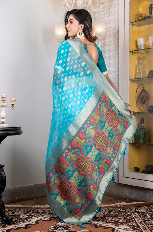 Morchari Organza Heavy Zari Saree - Light Blue | Grocsy