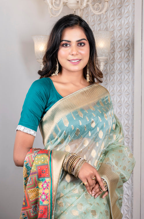 Morchari Organza Heavy Zari Saree - Green | Grocsy