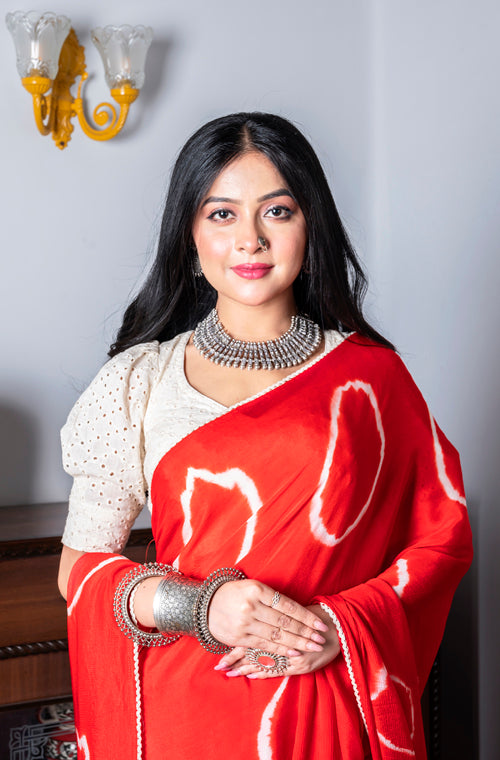 Morchari Chiffon Saree (Tie & Dye) - Red | Grocsy