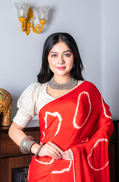 Morchari Chiffon Saree (Tie & Dye) - Red | Grocsy