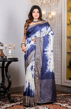 Morchari Pure Dola Saree (Marble Dye) - Blue | Grocsy