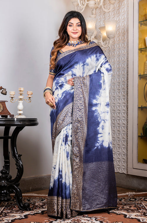 Morchari Pure Dola Saree (Marble Dye) - Blue | Grocsy
