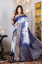 Morchari Pure Dola Saree (Marble Dye) - Blue | Grocsy