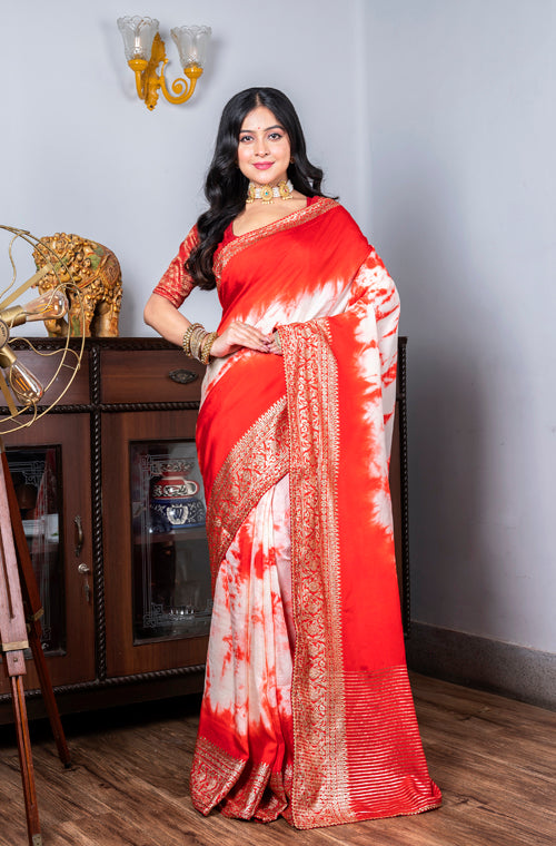 Morchari Pure Dola Saree (Marble Dye) - Red | Grocsy